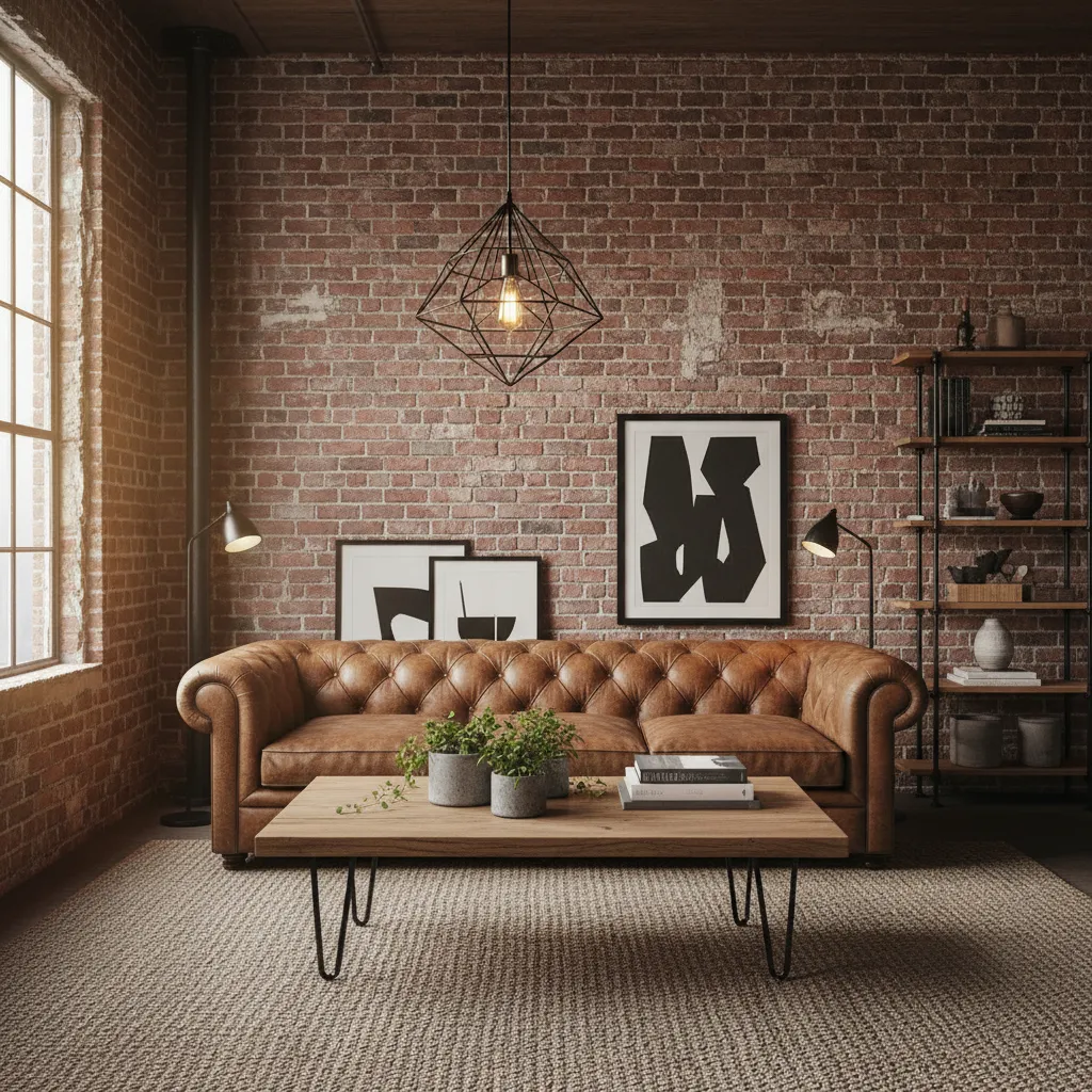 A cozy industrial chic living room featuring a leather sofa and exposed brick walls