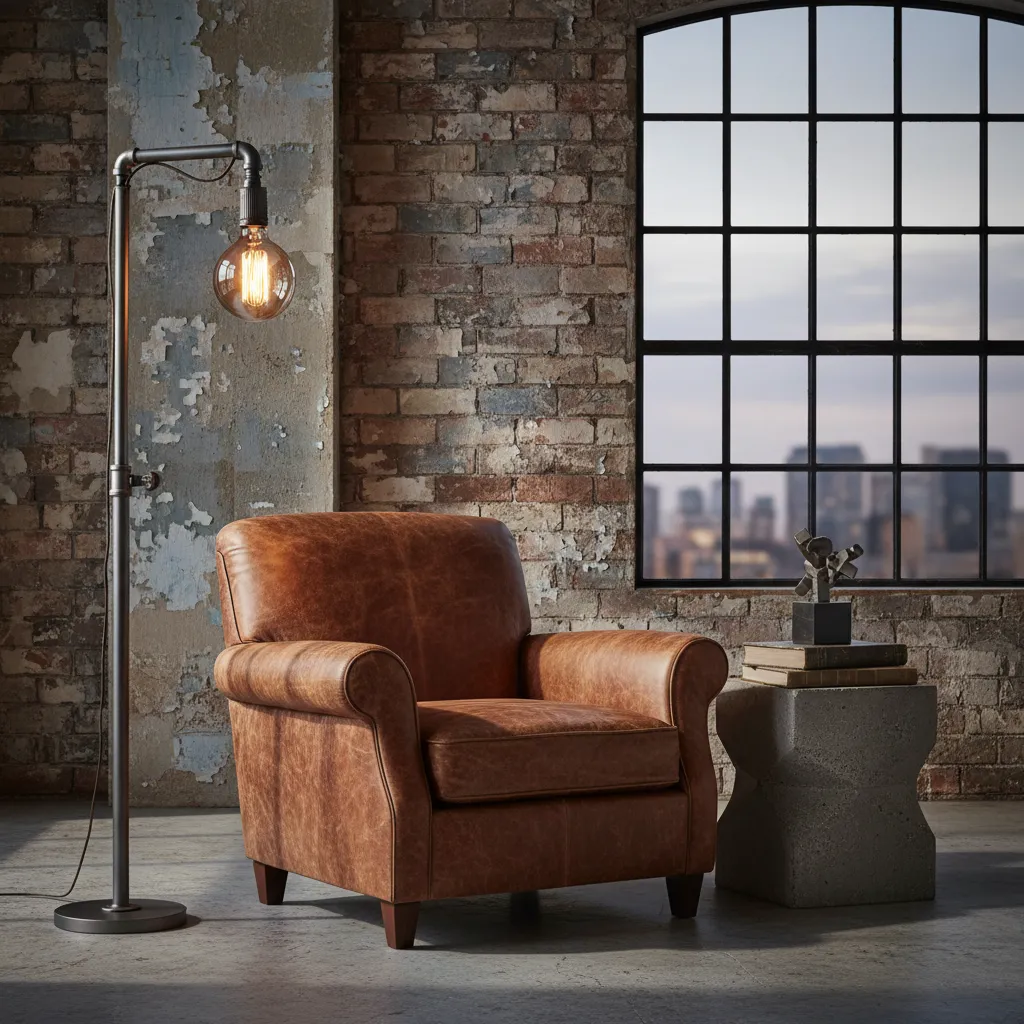 A distressed cognac leather armchair next to a raw metal floor lamp
