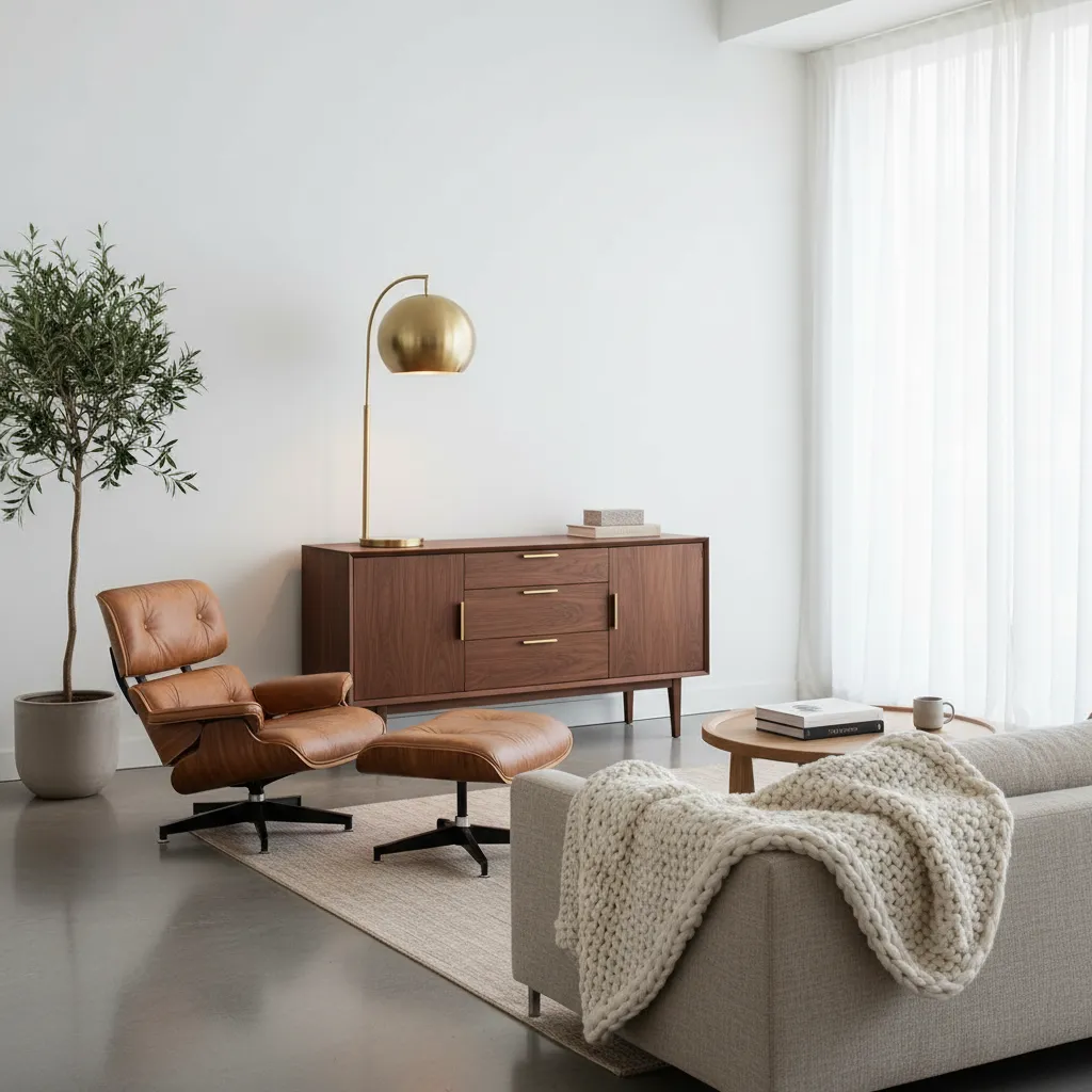 A curated interior design styles living room featuring mid-century modern furniture, a walnut credenza, and cozy Scandinavian neutral textures.