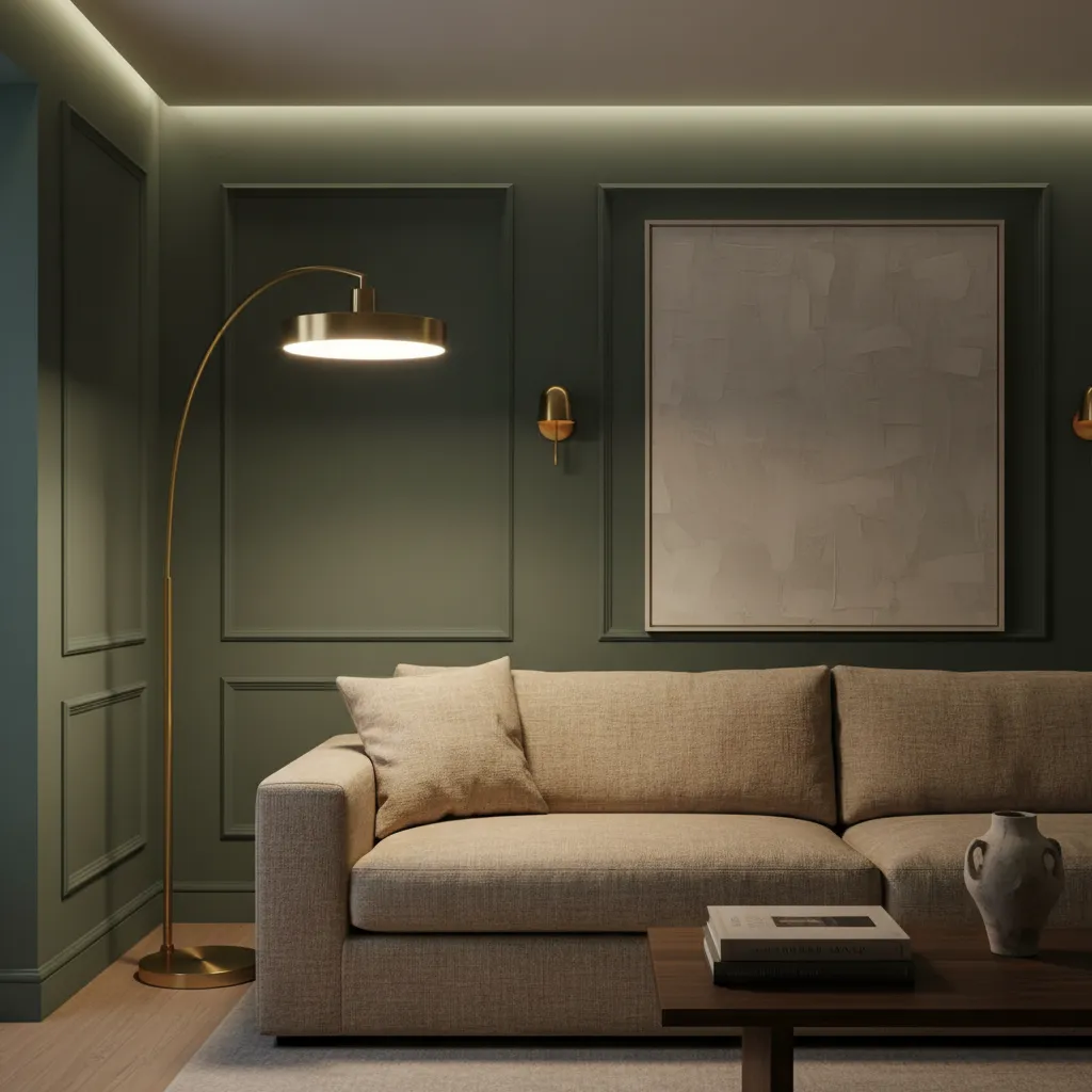Layered ambient lighting design over a linen sofa with mid-tone paint