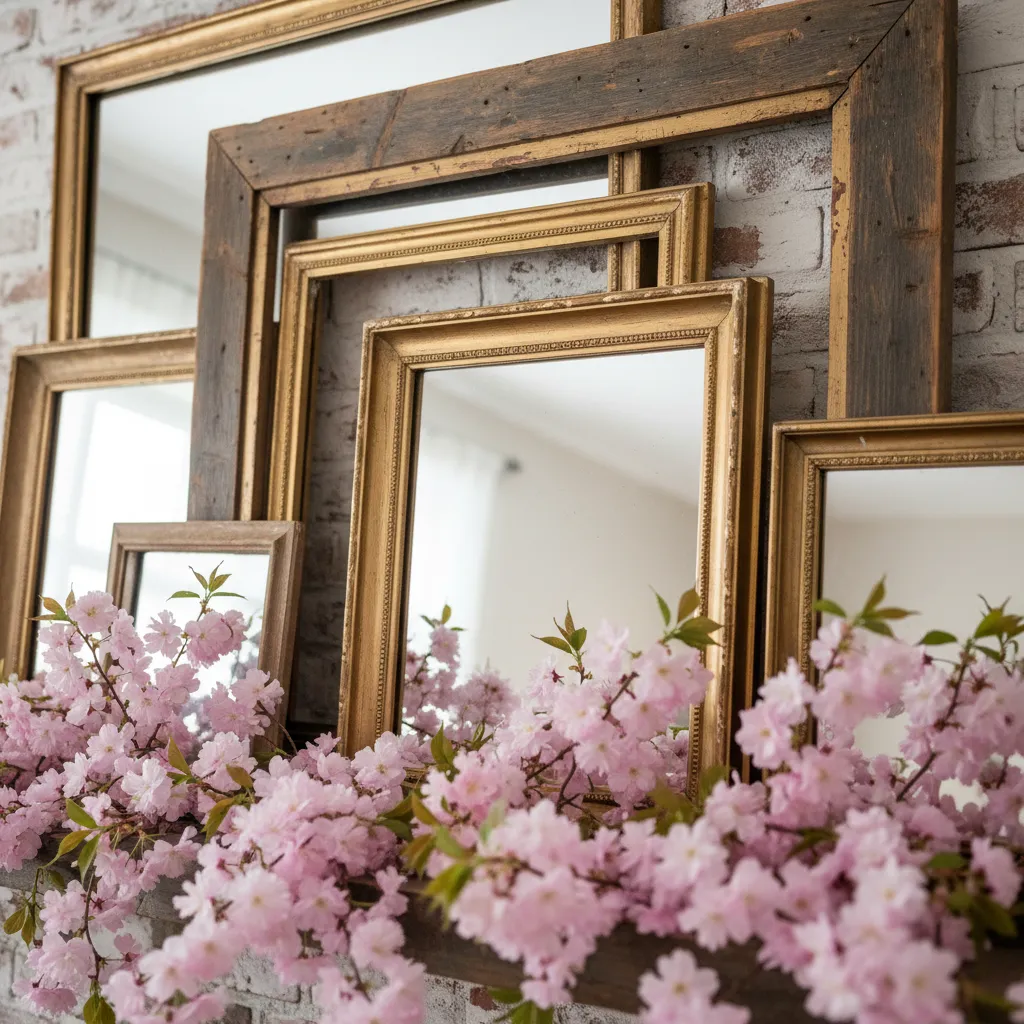 Layered Frames and Textural Contrast Close-up of vintage frames and cherry blossoms on a mantel