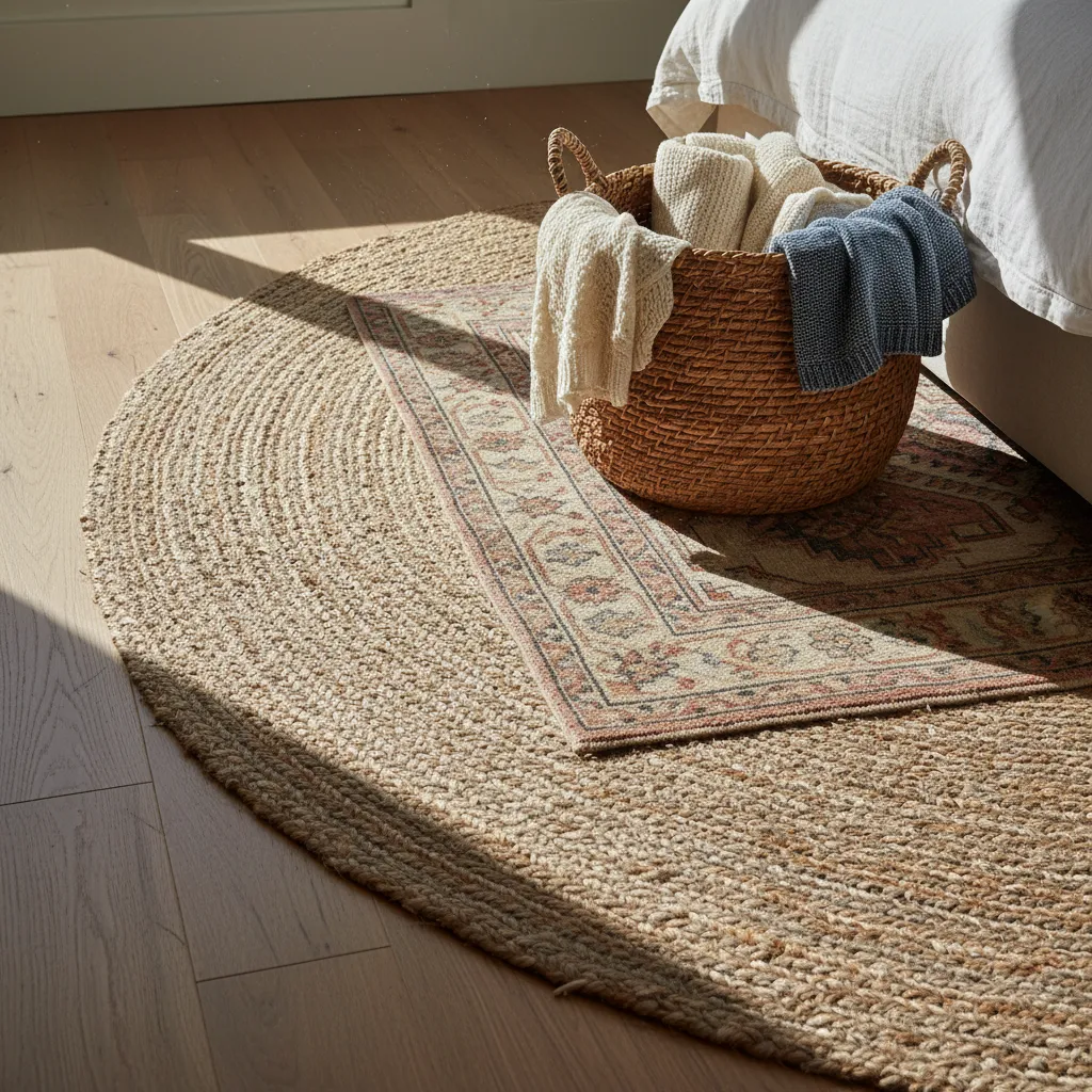 Detail of a jute rug layered with a vintage rug in a boho bedroom