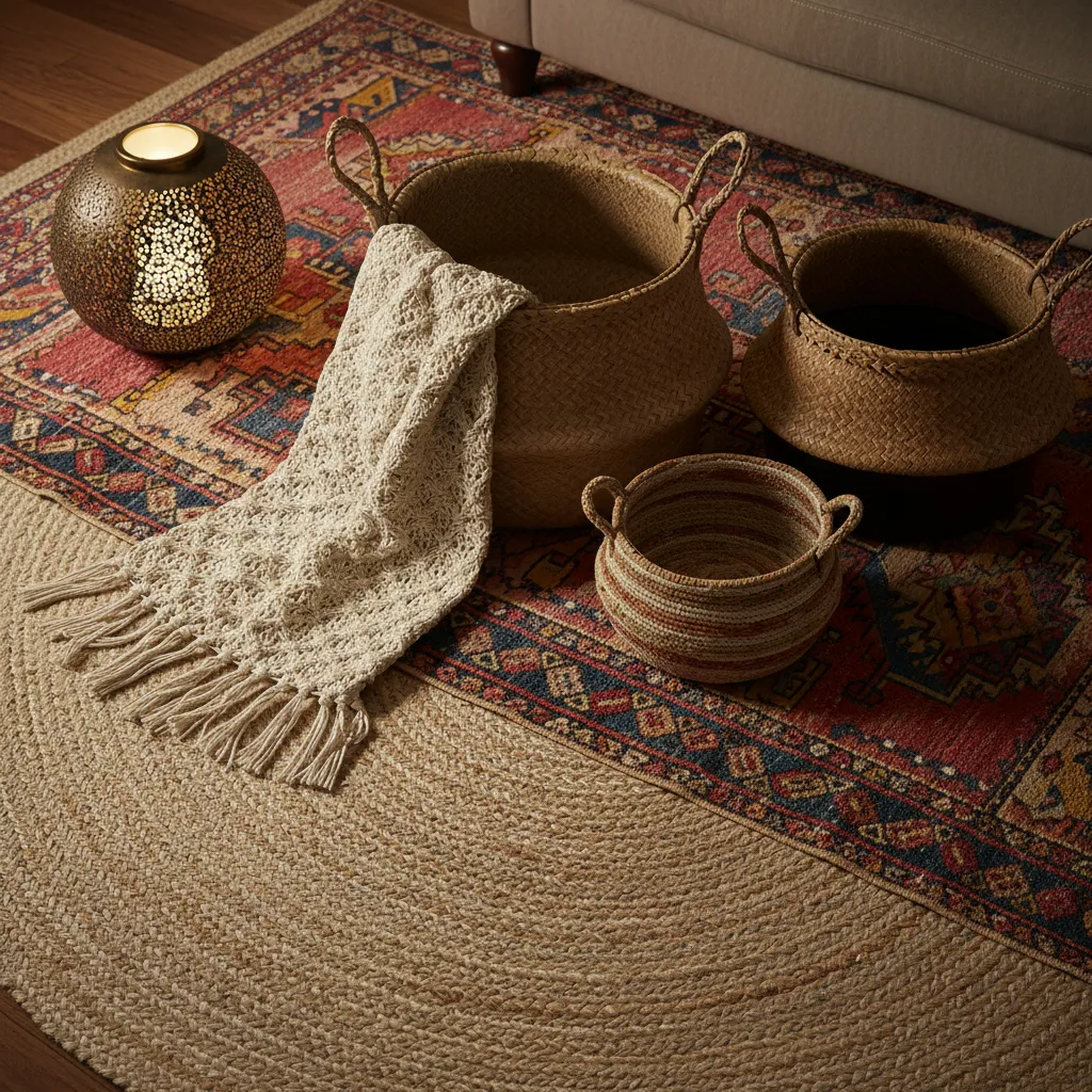 Layered vintage and jute rugs in a bohemian eclectic living room