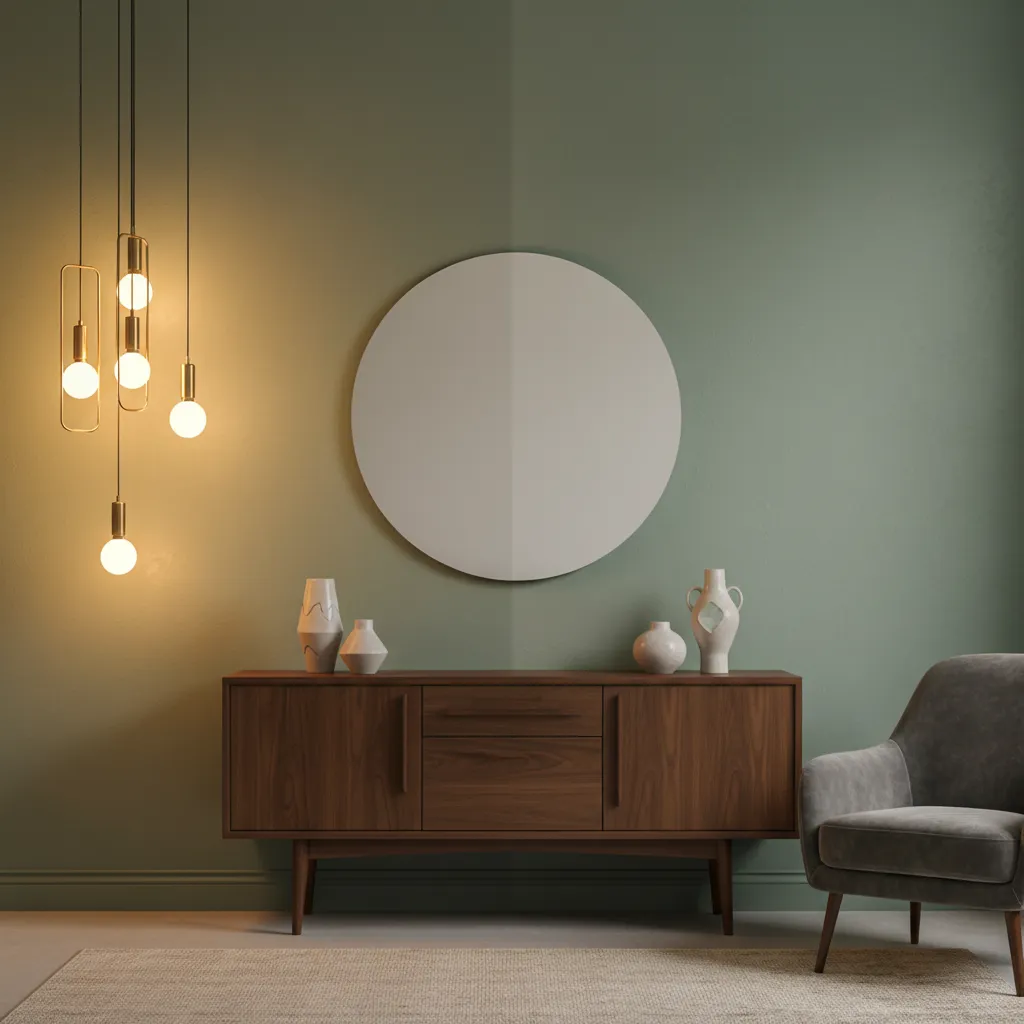 Sage green wall illuminated by perfectly matched warm white light bulbs