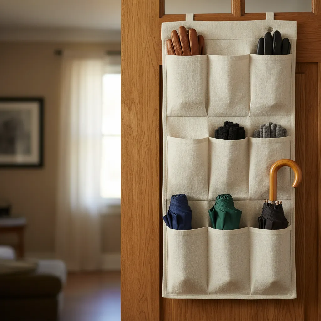Linen Over the Door Storage Linen pocket organizer hanging on an oak closet door