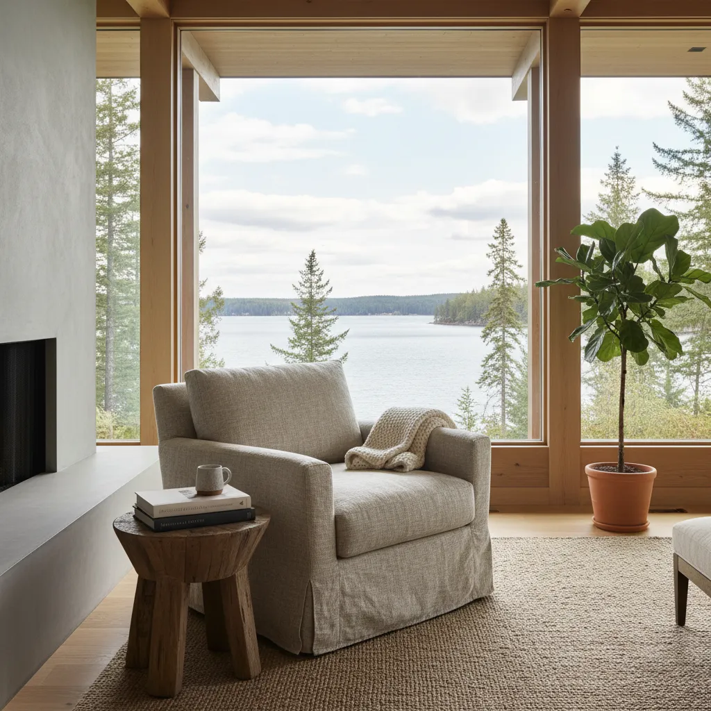 Cozy oatmeal colored slipcovered armchair in a modern lake house reading nook
