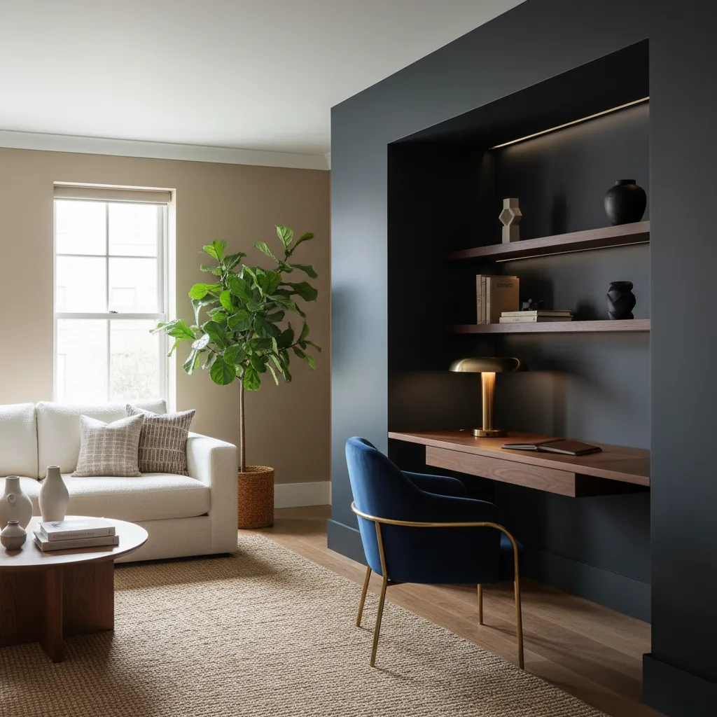 Living Room and Office Blended Aesthetics A moody dark painted closet office alcove seamlessly blending into a cozy living room