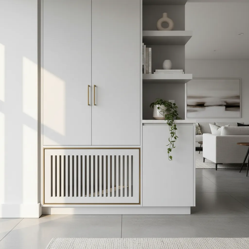 Living Room Built In Dog Crate Matte white living room built-in shelves with integrated dog crate at the base