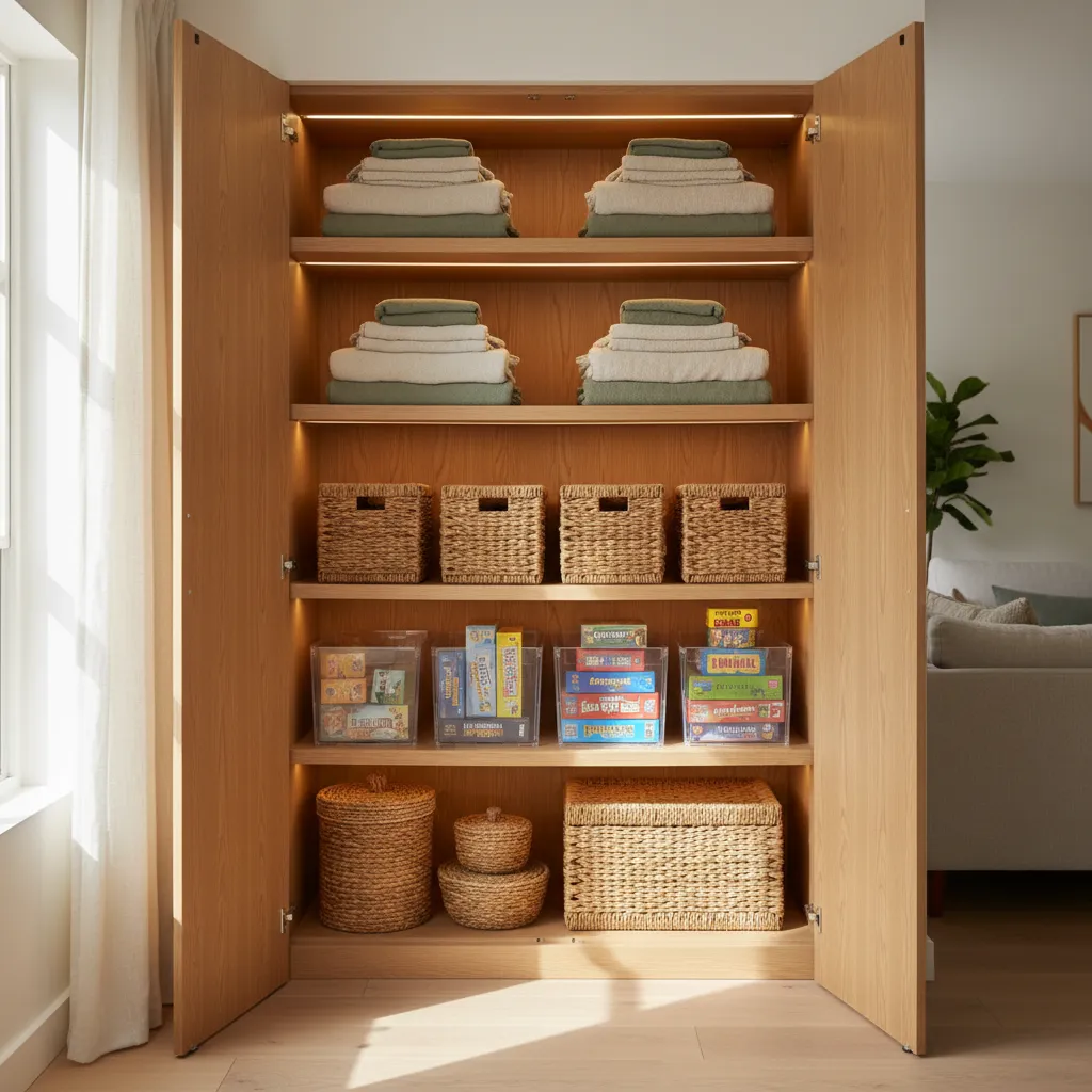 An organized living room closet with modular oak shelves, woven baskets, and folded linens in a cozy home setting.