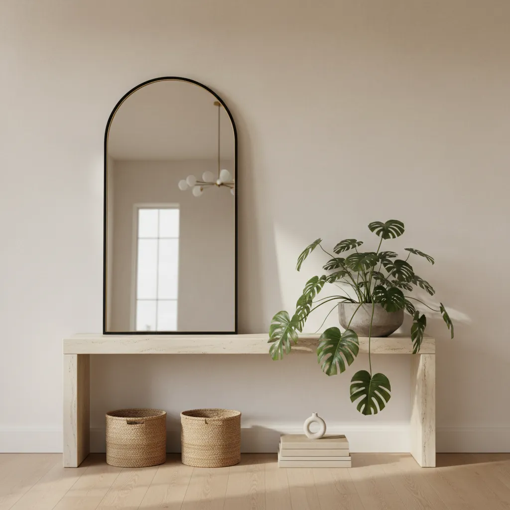 Extra long travertine console table styled asymmetrically with off-center mirror