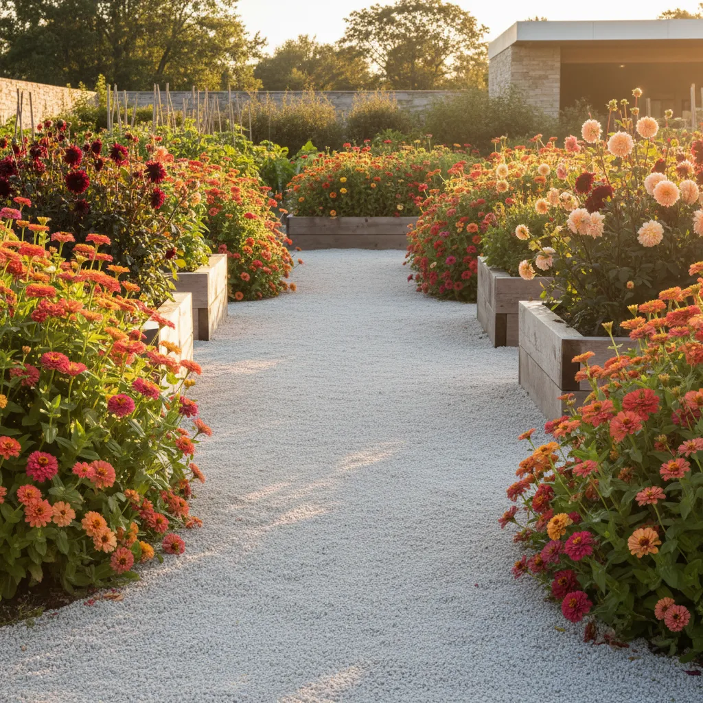 Beautiful cut flower garden layout featuring clean gravel pathways and raised beds for weed suppression under warm ambient sunlight