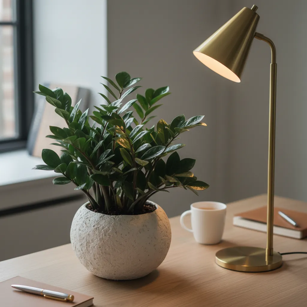 A healthy ZZ plant in a textured ceramic pot on a modern office desk
