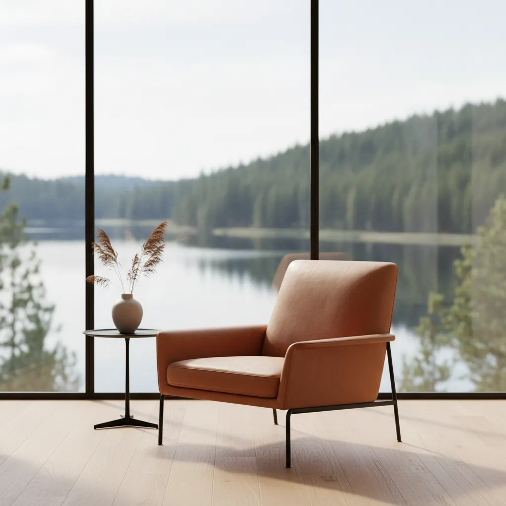 Low back armchair positioned near window in modern lake house