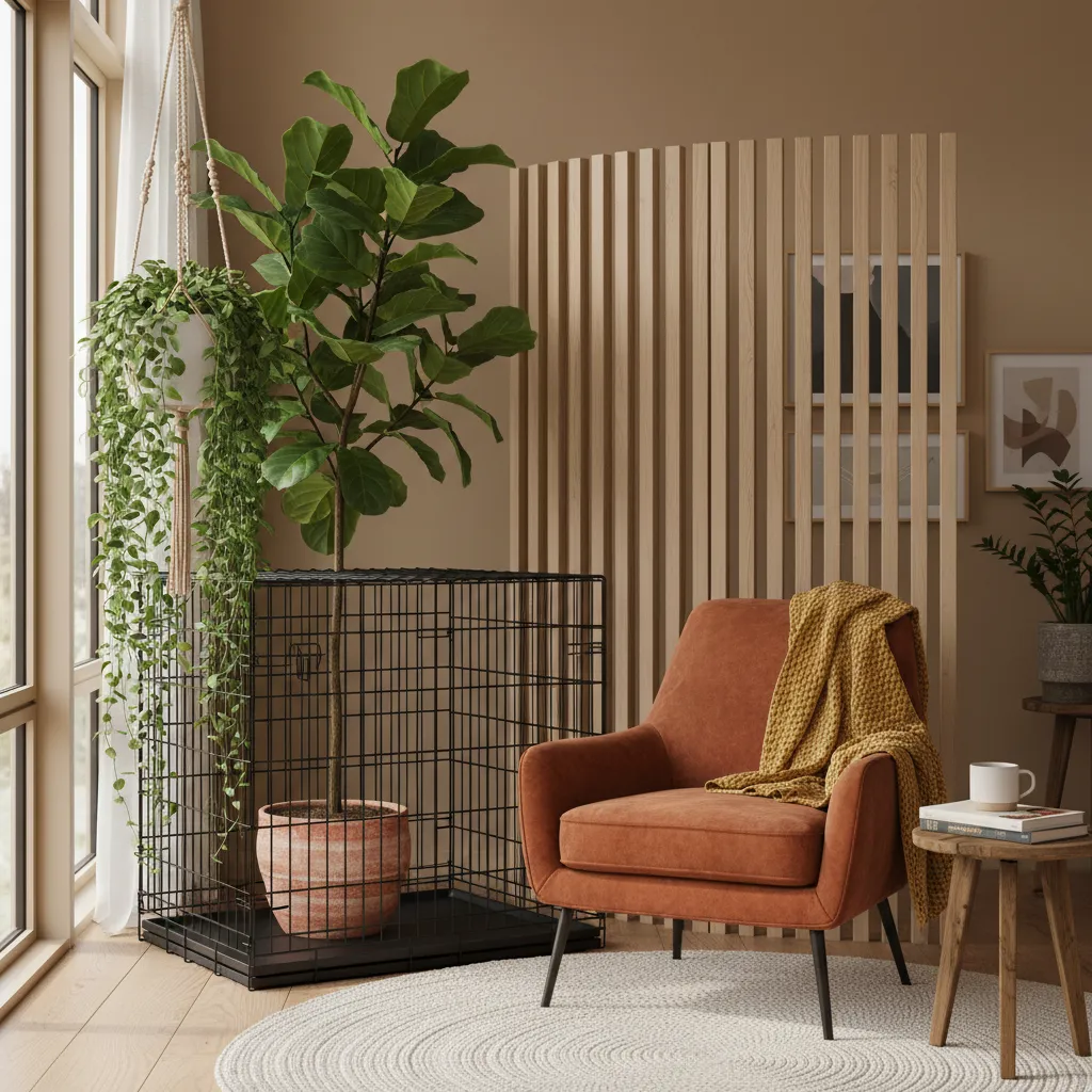 Lush Plants Hiding Dog Crate Potted indoor plants grouped around a pet crate to provide natural camouflage