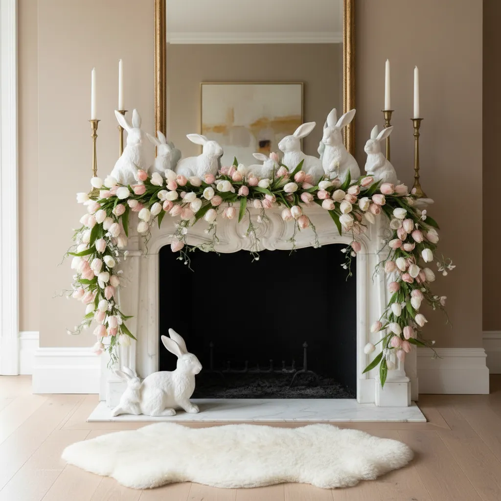 Luxury Easter Mantle Decor with Ceramic Bunnies A sophisticated Easter mantle display featuring white ceramic bunnies and a faux tulip garland.