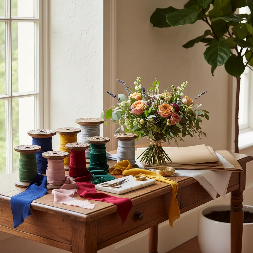 Silk and velvet ribbons on wooden spools