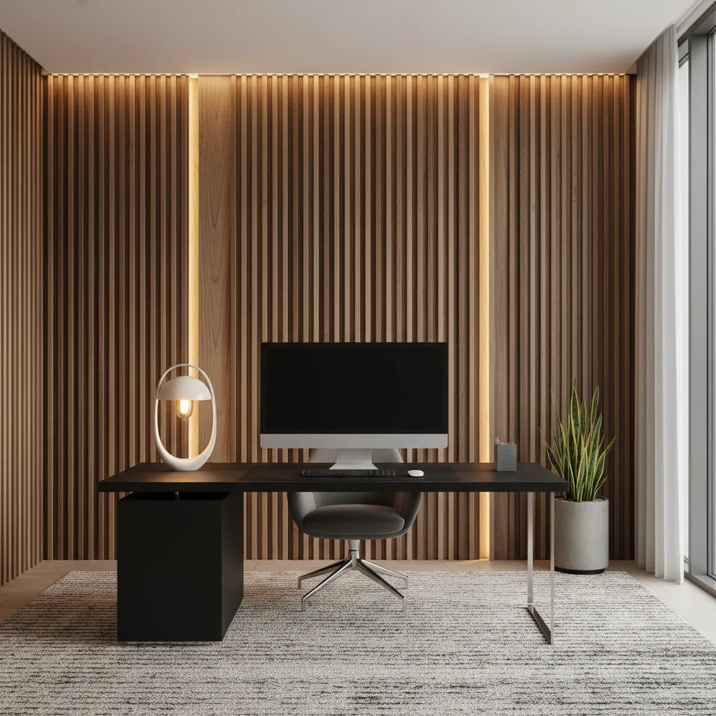 Floor to ceiling slatted wood panels in a luxury office