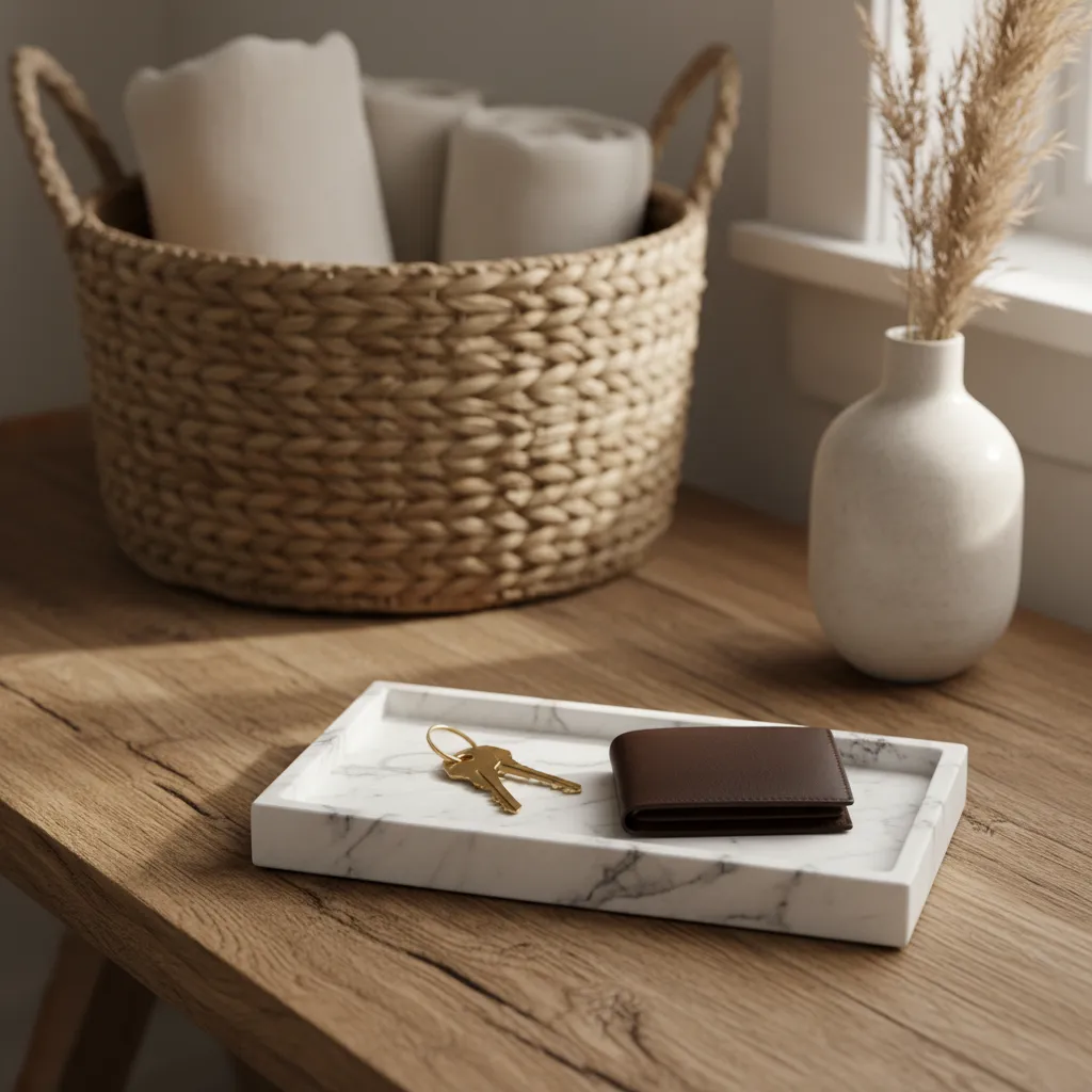 Close up of a marble catch-all tray on an oak console table.