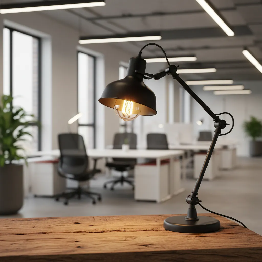 A close up of a matte black architectural desk lamp providing task lighting.