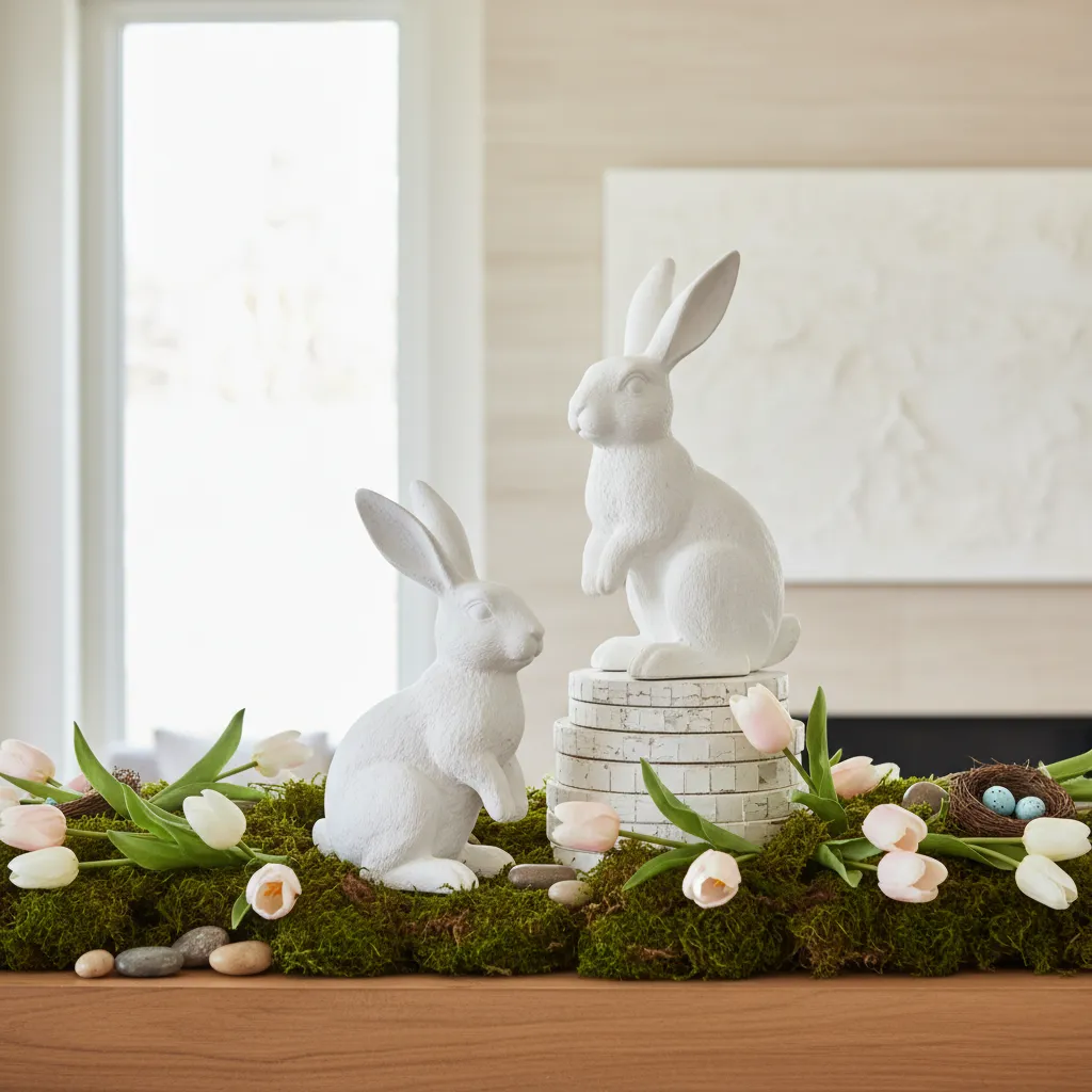 Matte White Ceramic Bunny Decor Close-up of minimalist matte white ceramic bunnies on a wooden mantle.