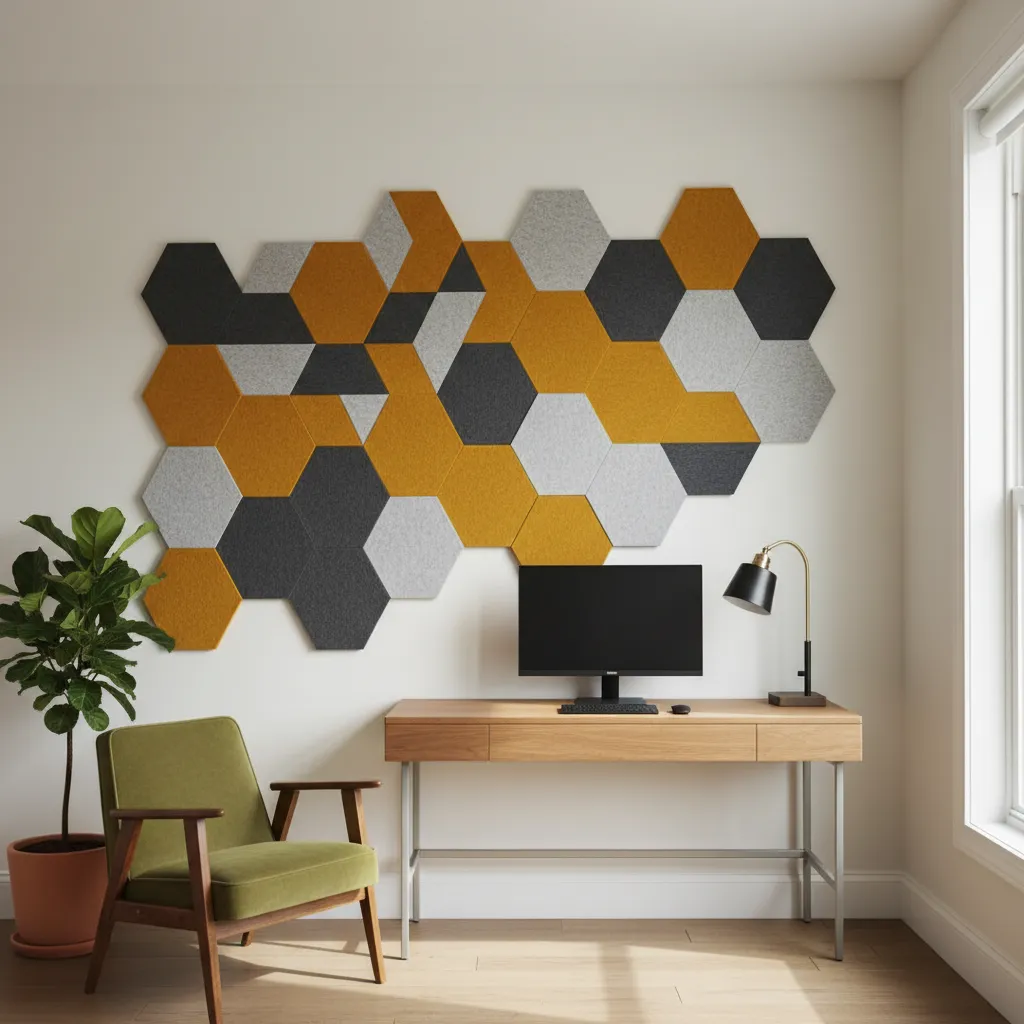 Geometric felt acoustic panels in a stylish home office