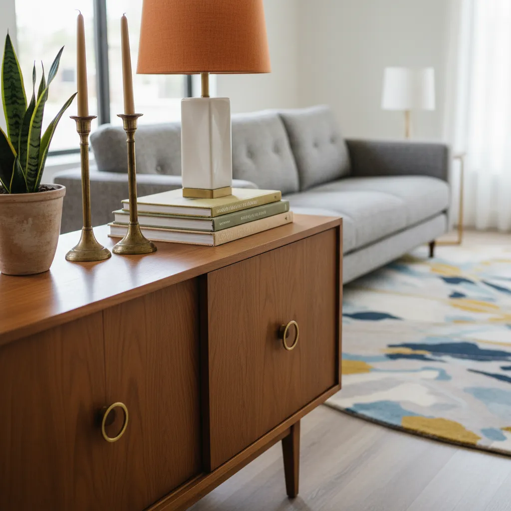 A sleek oak credenza styled with brass candlesticks and a modern lamp