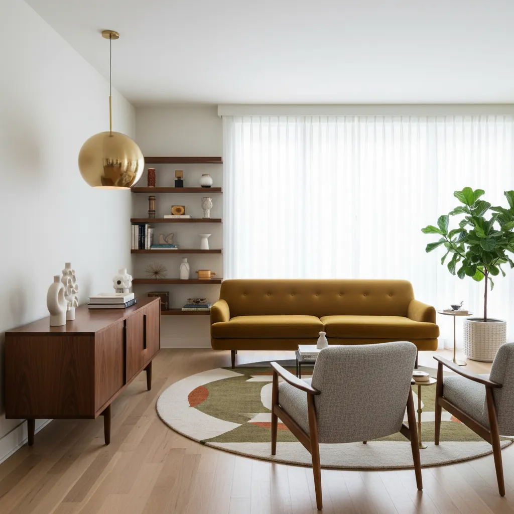 A cozy mid-century modern living room with a velvet sofa and brass accents