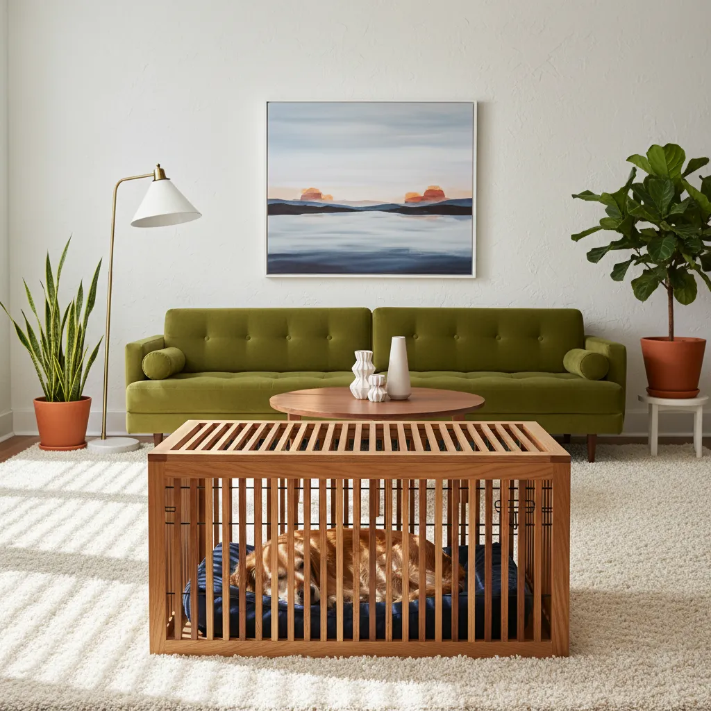 Mid-Century Slatted Wood Dog Crate Cover Warm oak slatted wood dog crate cover in a mid-century modern living room