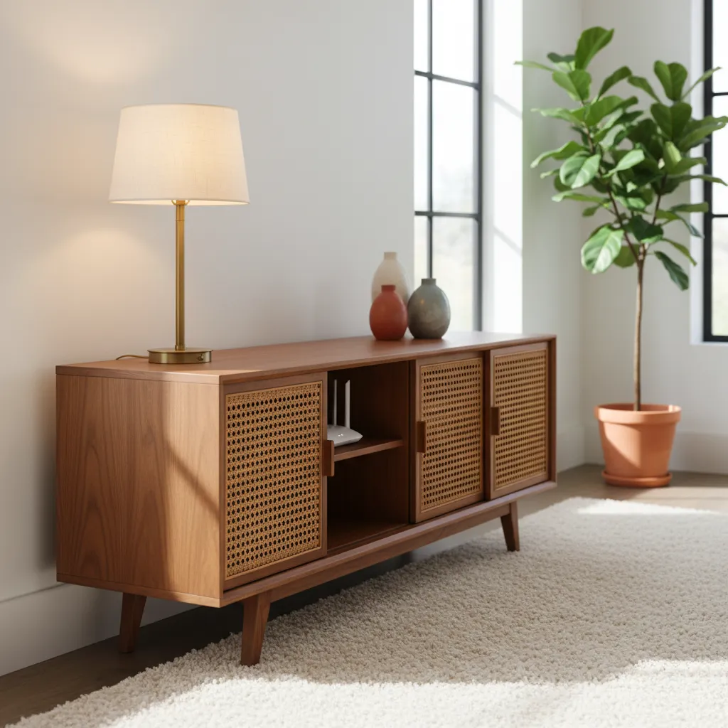 Walnut mid-century modern media console with cane doors used to hide a router