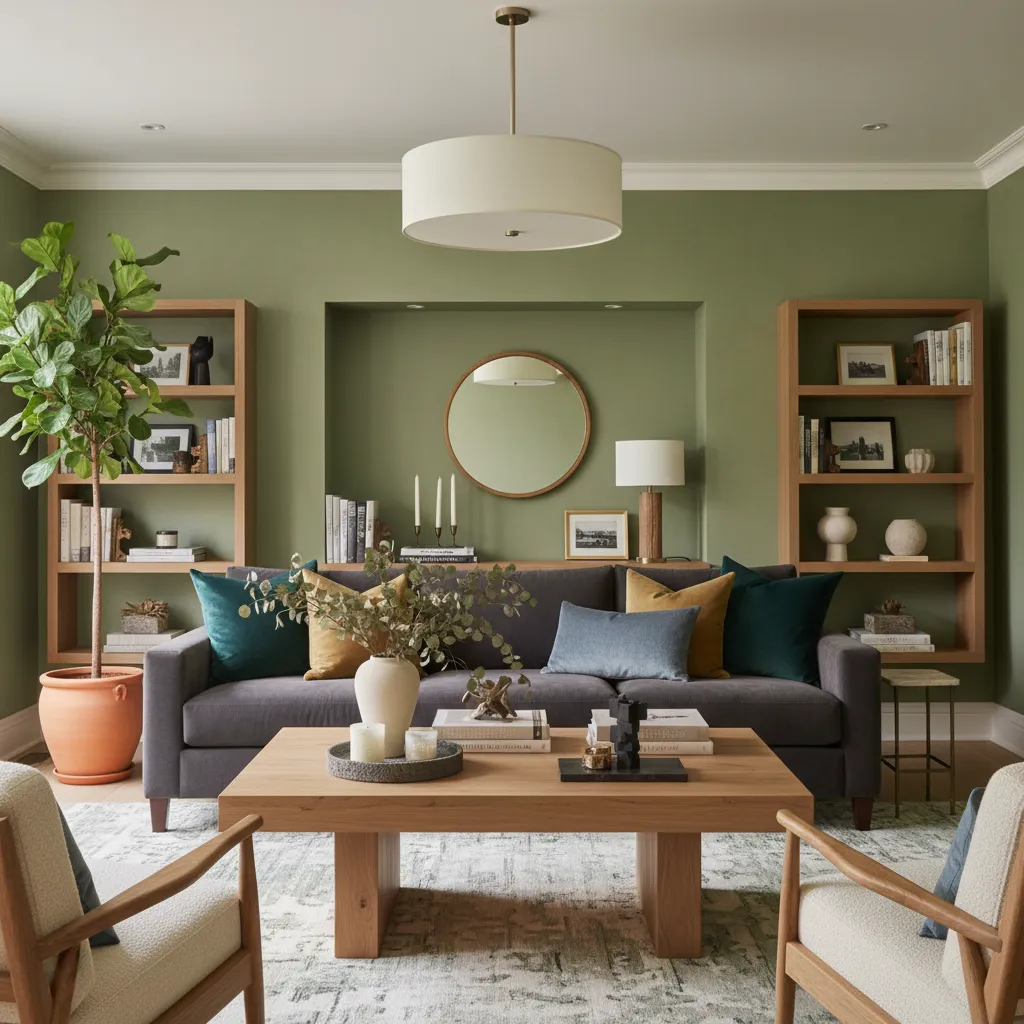 A curated living room with mid-tone green walls illuminated by 4000K neutral light
