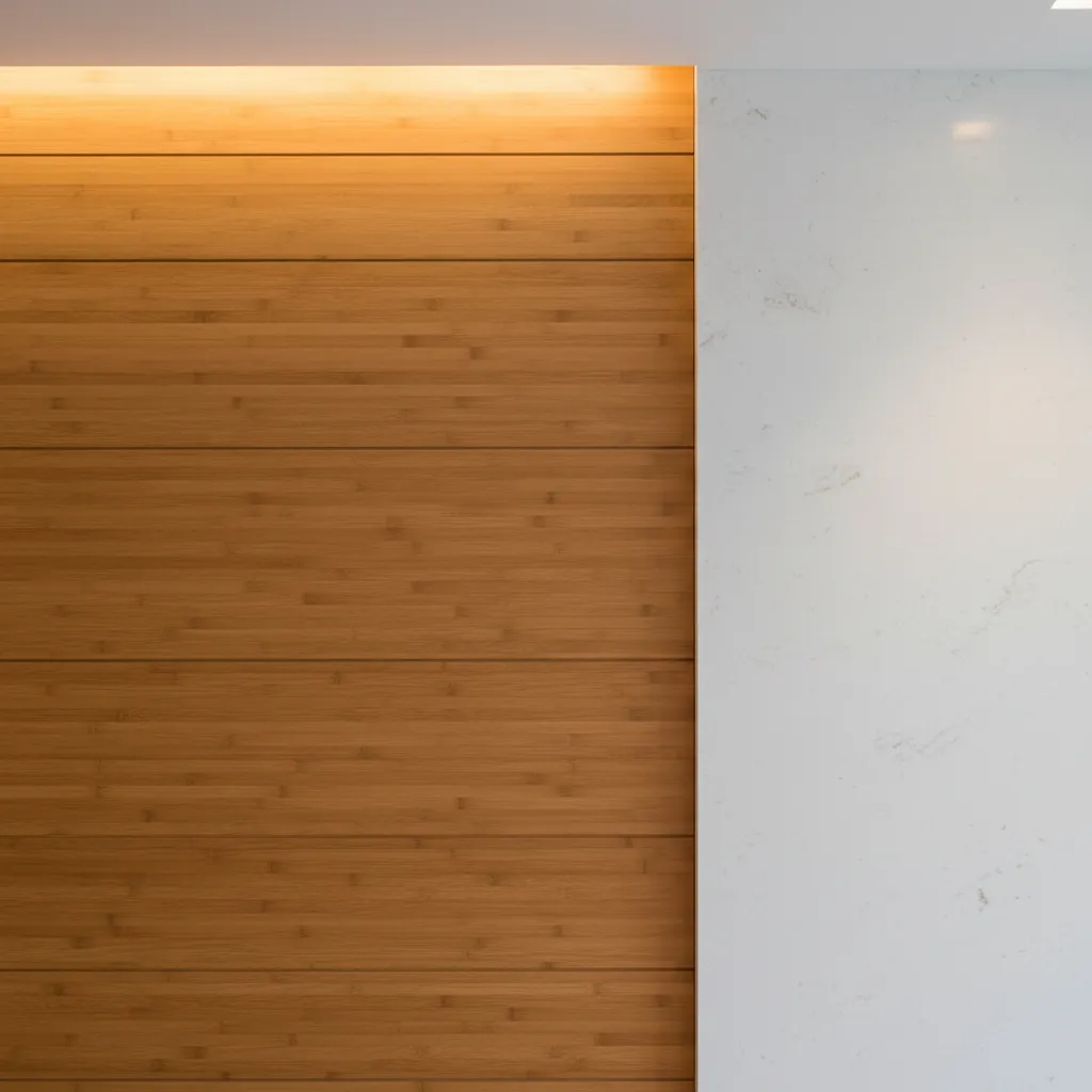 Detail of bamboo texture meeting smooth quartz in a modern interior.