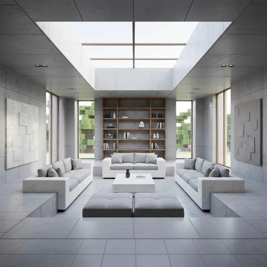 Minecraft interior design featuring quartz slabs and banner pillows for a sleek sofa