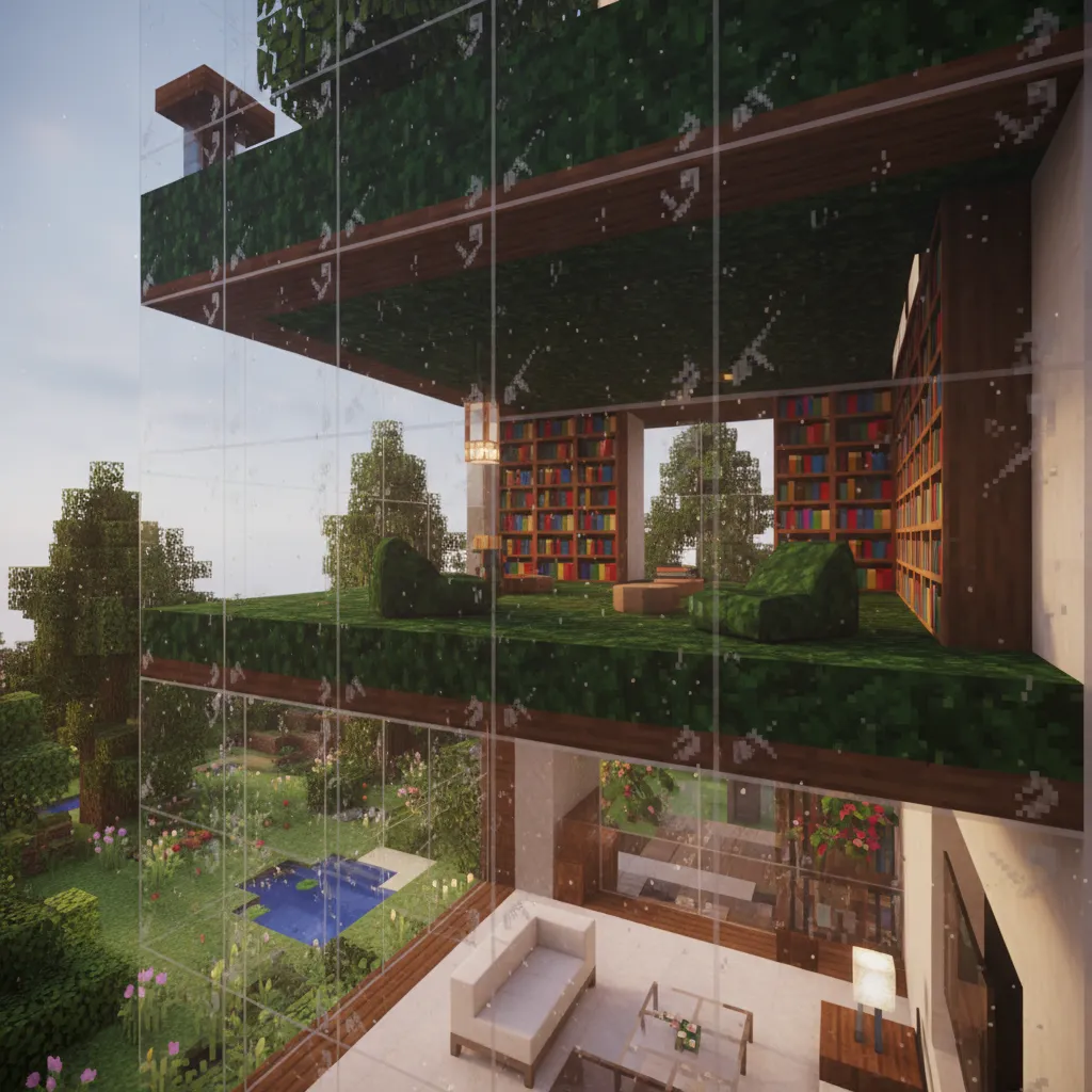 Upper level Minecraft mezzanine styled as a cozy reading nook