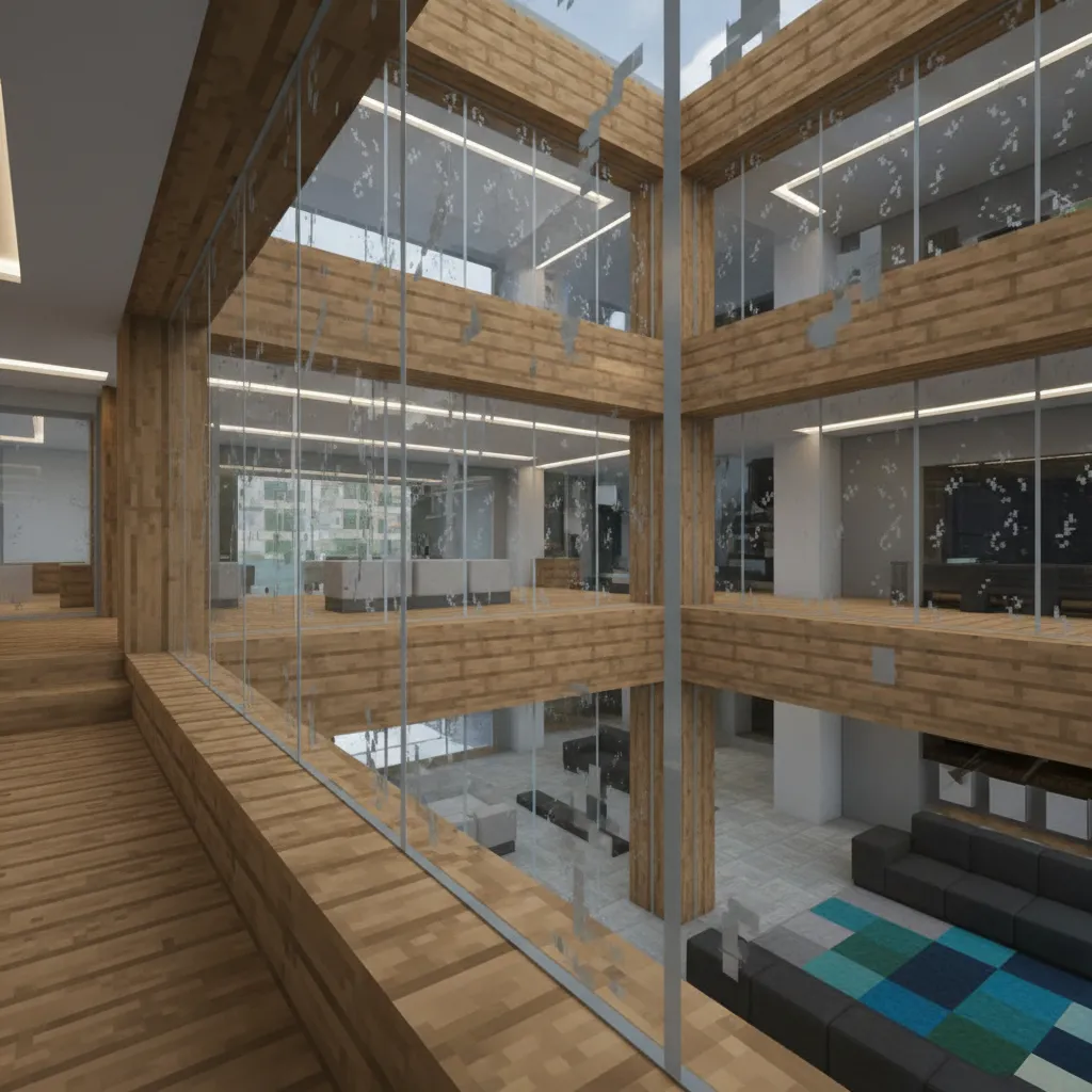 Detail of glass and wood textures in a Minecraft modern interior