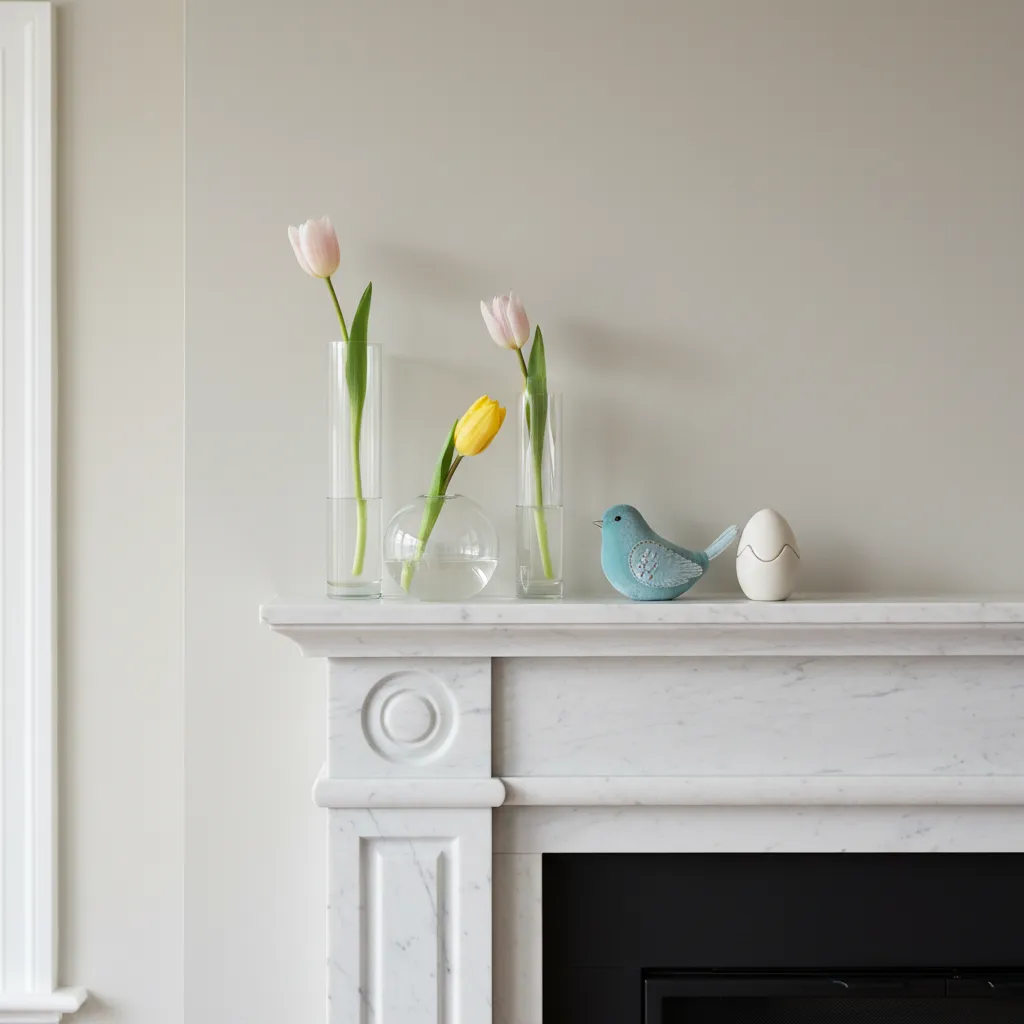 Minimalist Easter Mantle with Rule of Threes Three glass vases with tulips on a white stone mantle