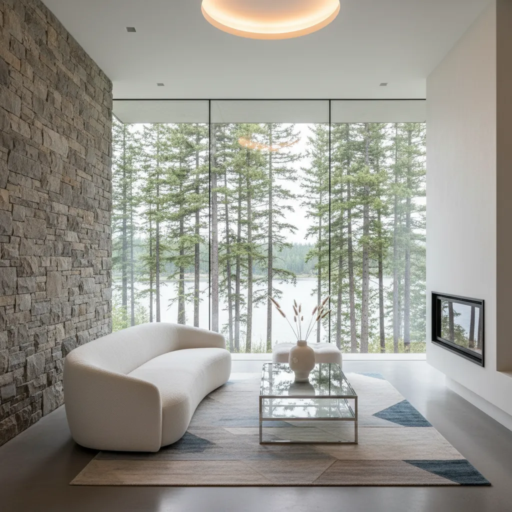 Sleek white minimalist furniture arranged in a room with rustic wooden beams and concrete floors