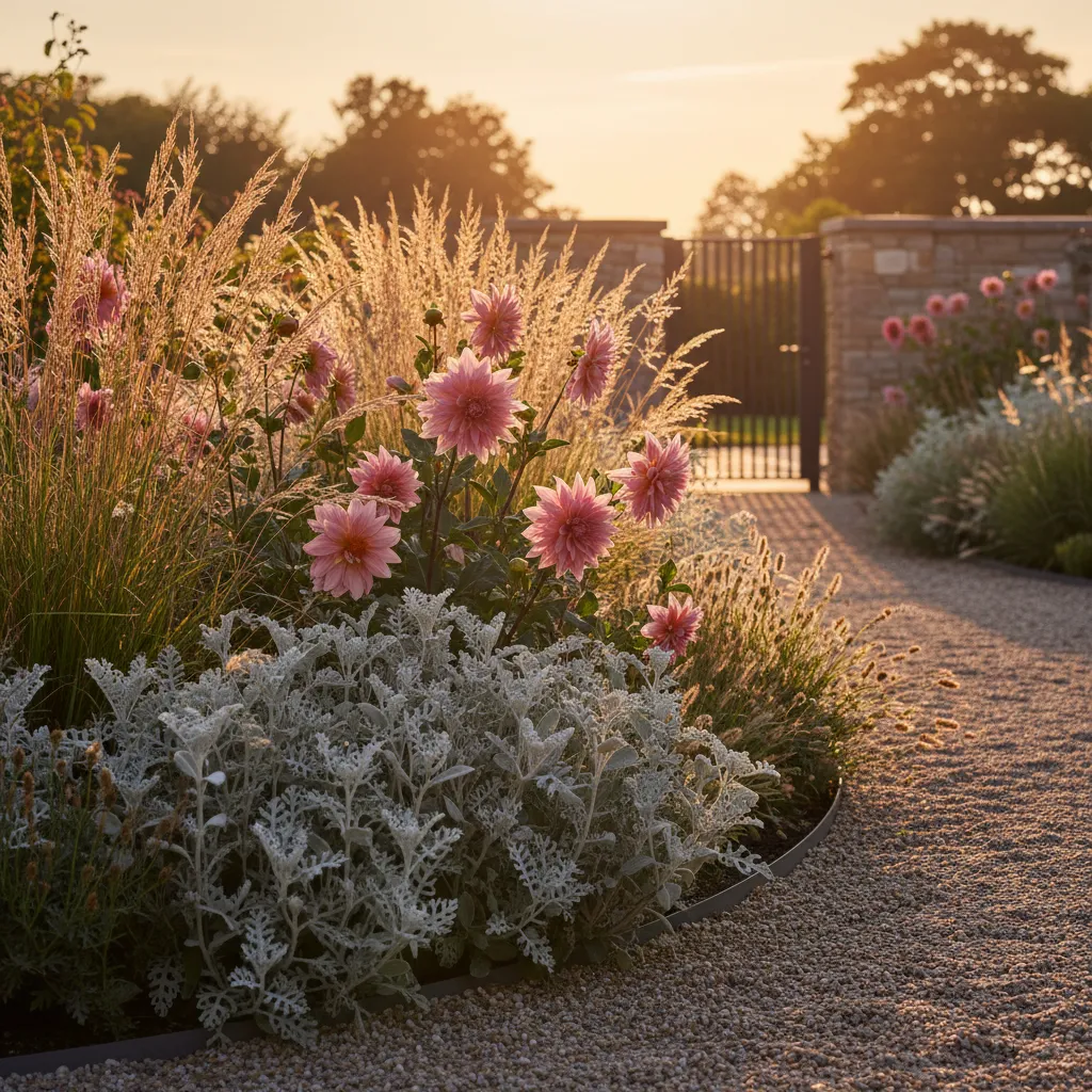 Lush mixed garden border with pink dahlias and silver foliage in warm sunset light