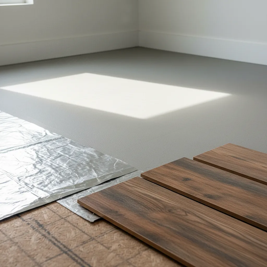 Mobile Home Subfloor Preparation for Vinyl Roll of moisture barrier underlayment and vinyl planks on a mobile home subfloor