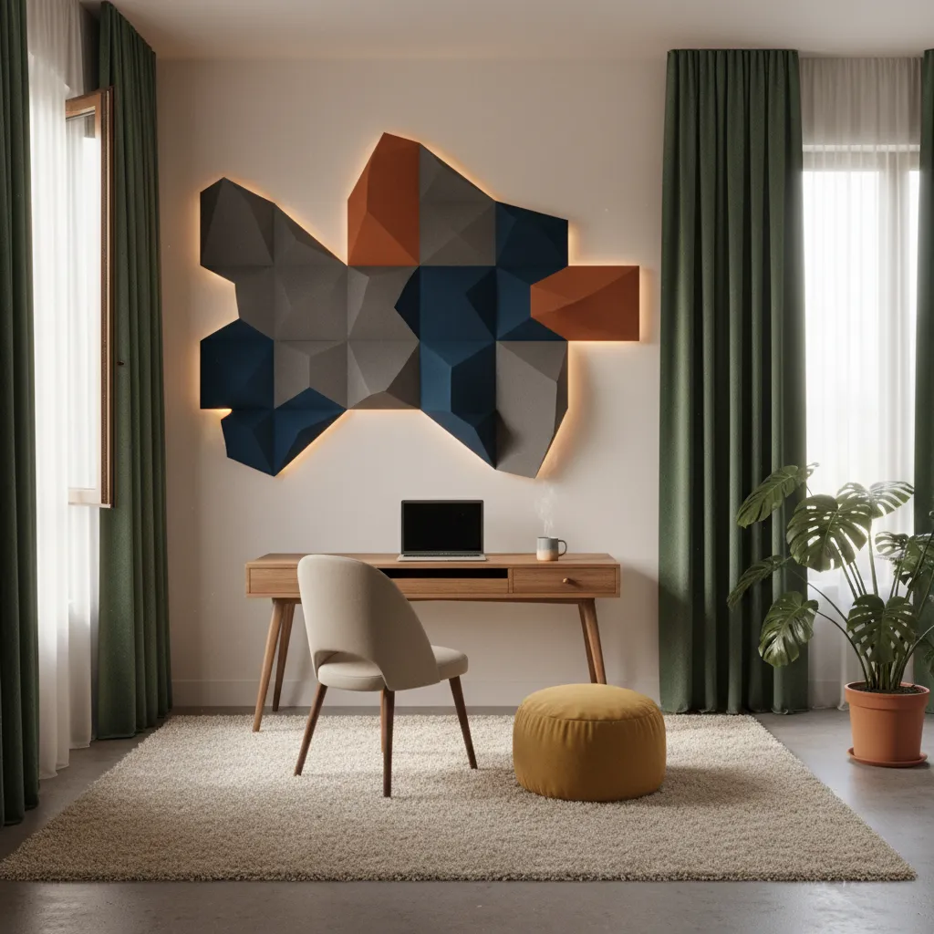 A stylish home office featuring textured acoustic panels and warm lighting