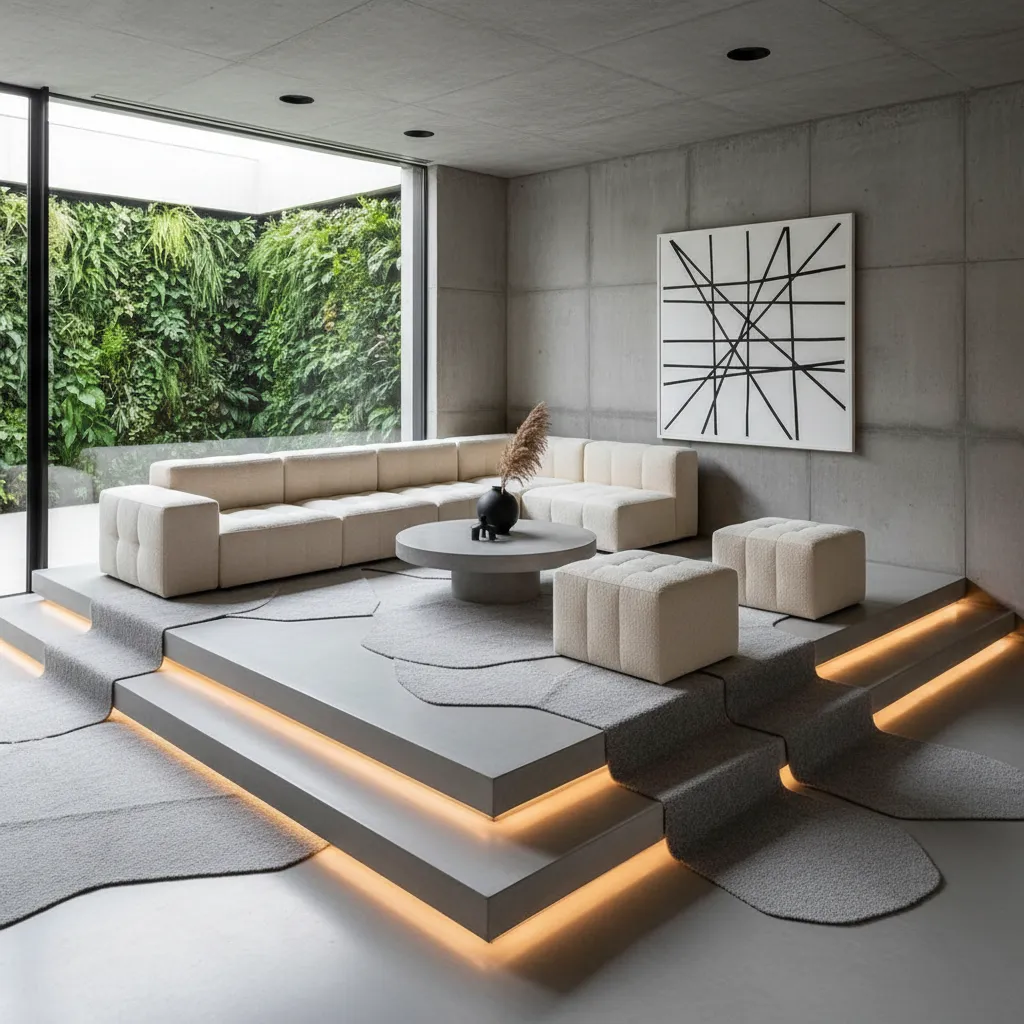 Ambient lighting effect in a modern concrete living room with hidden light sources