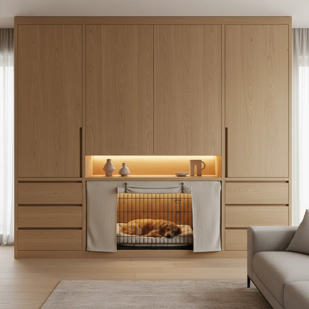 Modern Built In Cabinet Dog Crate Custom built-in living room cabinet hiding a dog crate