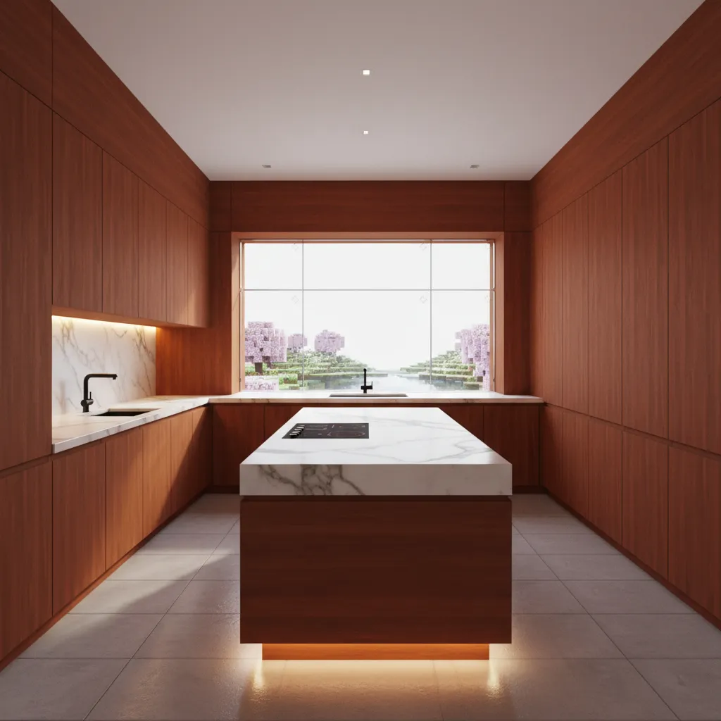 Sleek Minecraft kitchen with cherry wood cabinets and hidden lighting