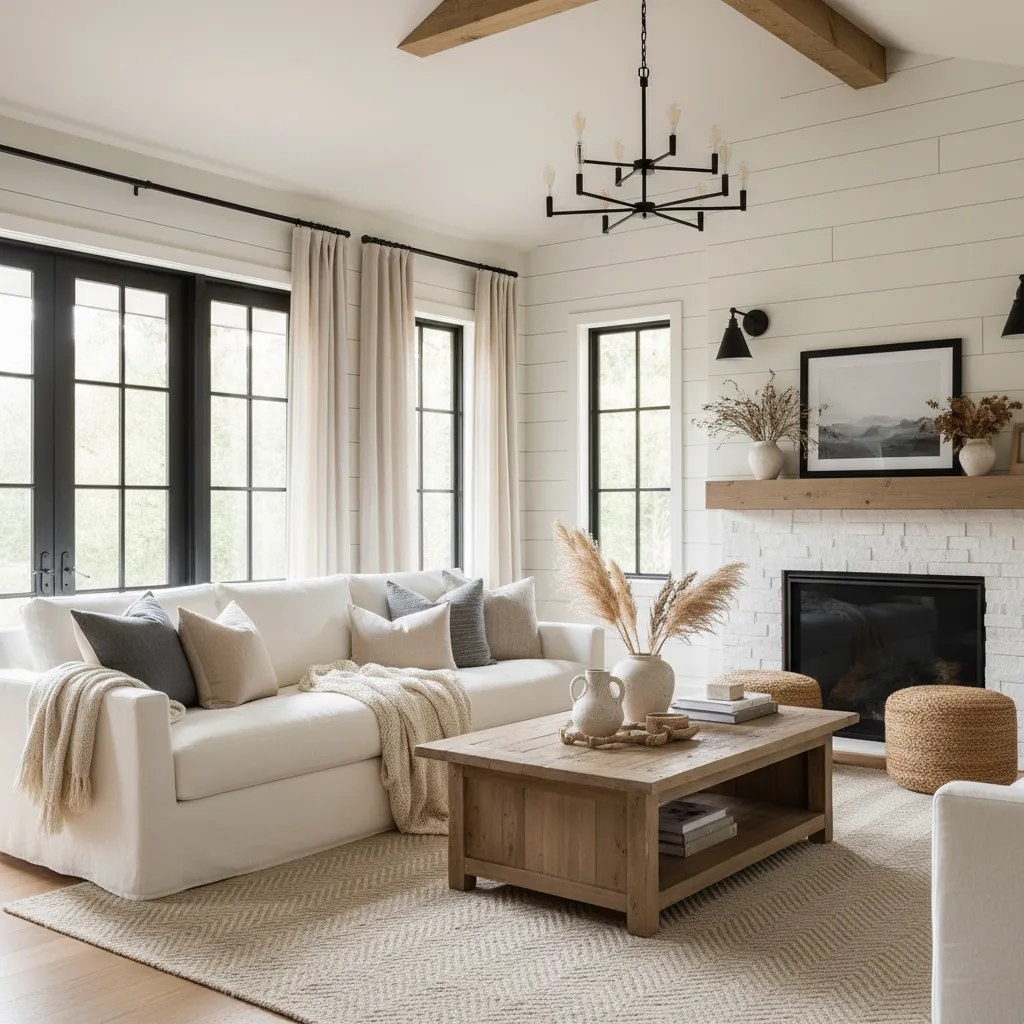A cozy modern farmhouse living room featuring a linen sofa and rustic wood table