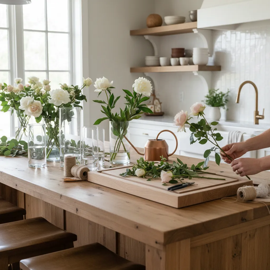 Modern farmhouse floral prep station on a kitchen island