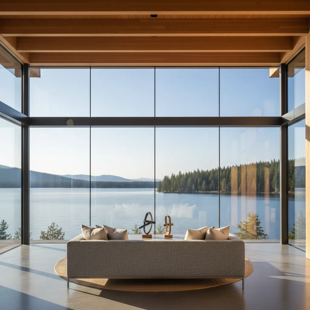 Modern lake house interior featuring waterproof polished concrete floors and minimalist furniture overlooking a scenic lake view.