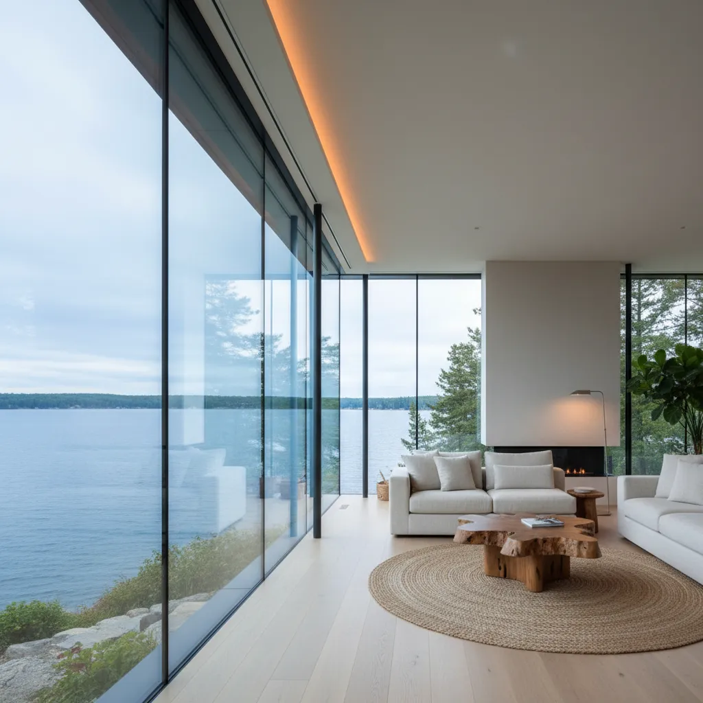 Modern lake house living room with floor to ceiling windows and low profile furniture
