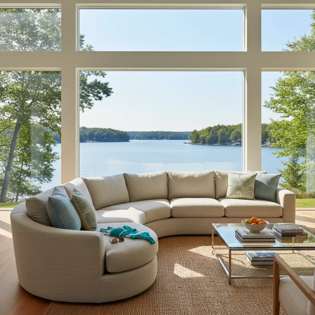 Bright lake house living room featuring durable beige performance fabric sectional sofa near large windows