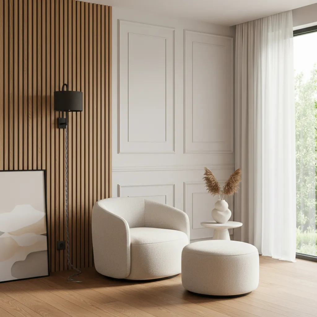 A sophisticated modern living room featuring a slatted wood media wall, plug-in wall sconces, and architectural molding.
