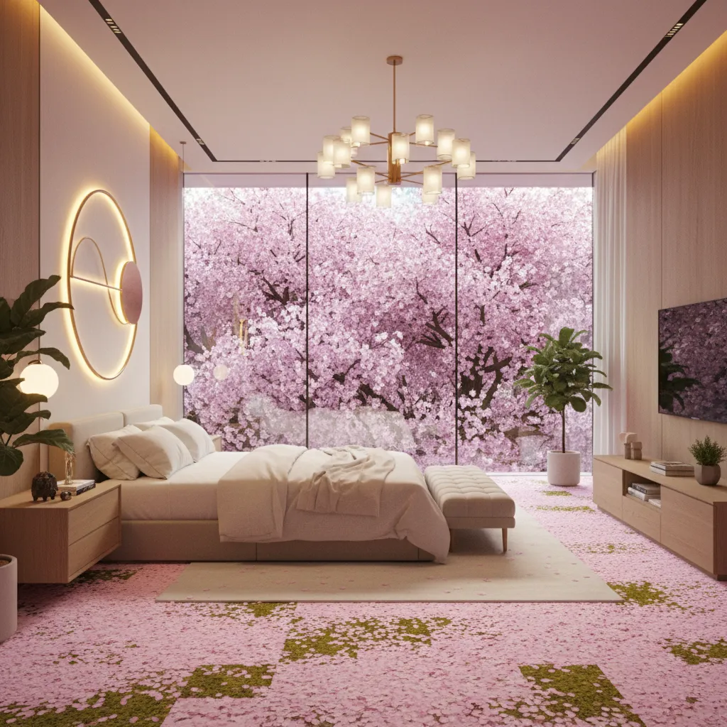 A modern master suite inspired by Minecraft cherry grove biome with pink petal textures