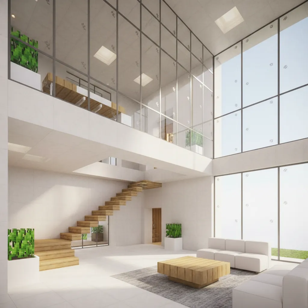 A minimalist Minecraft interior with a multi-level glass mezzanine and oak stairs